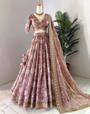 Beatiful digital print embroidery heavy chinnon silk pinl lehenga choli dupatta